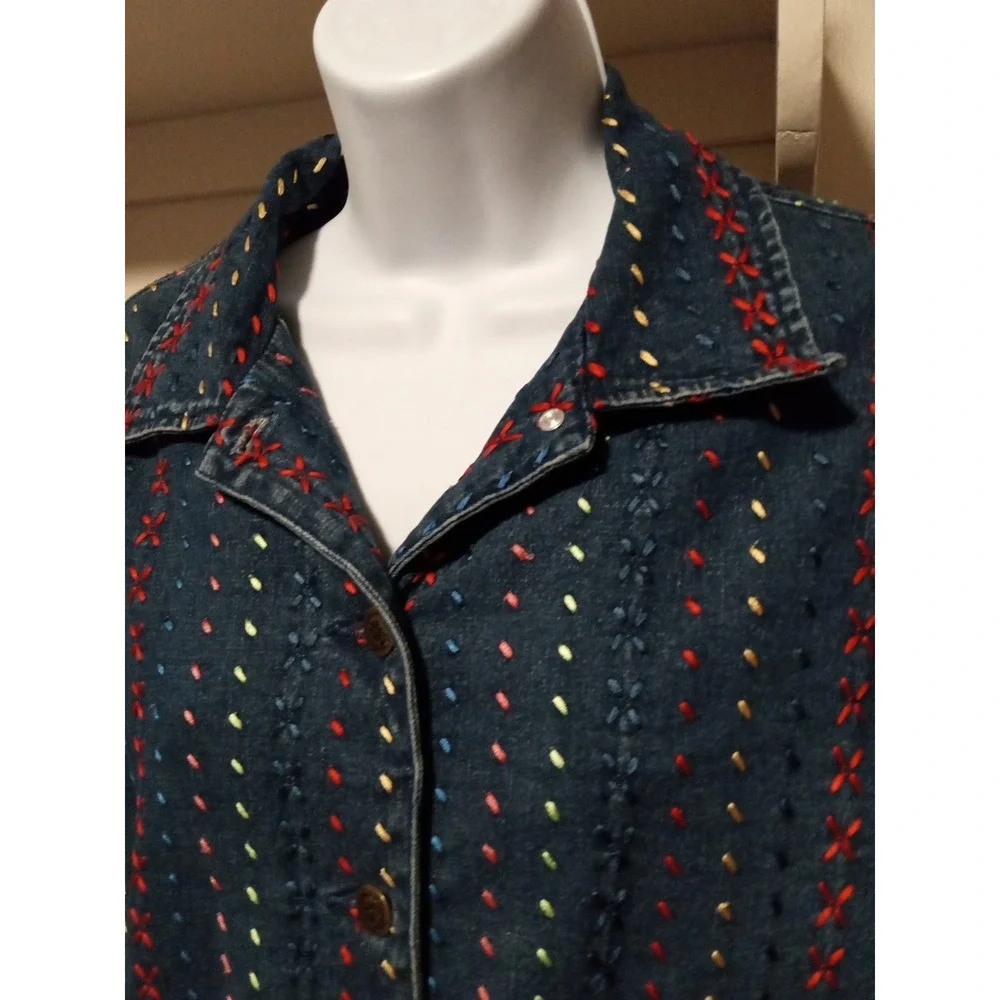Graff By Um Denim Blue Jean Jacket Embroidered Colorful Button Up Women's Size S